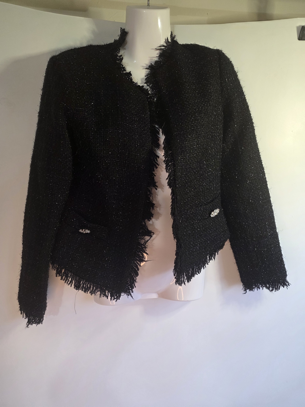 Fringed Black Tweed Open Blazer with Embellished Pockets